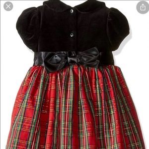 Little me holiday dress blk  & red plaid top is black velvet with plai…